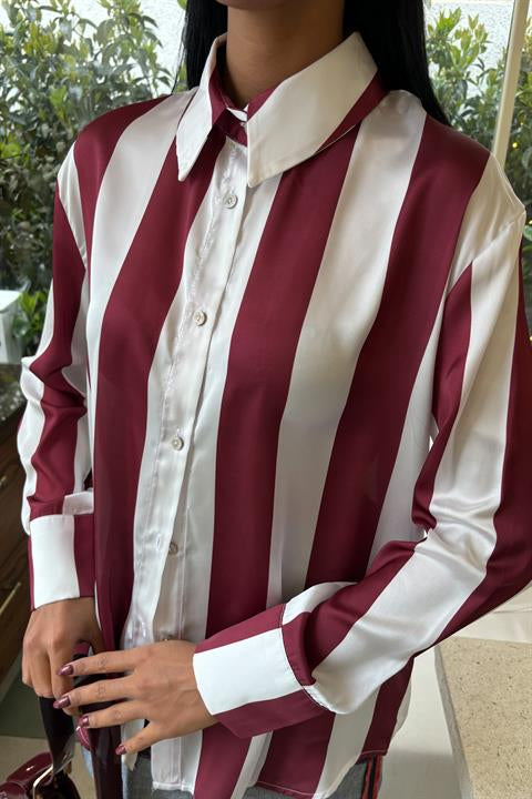 Bar Striped Chiffon Satin Shirt 3428