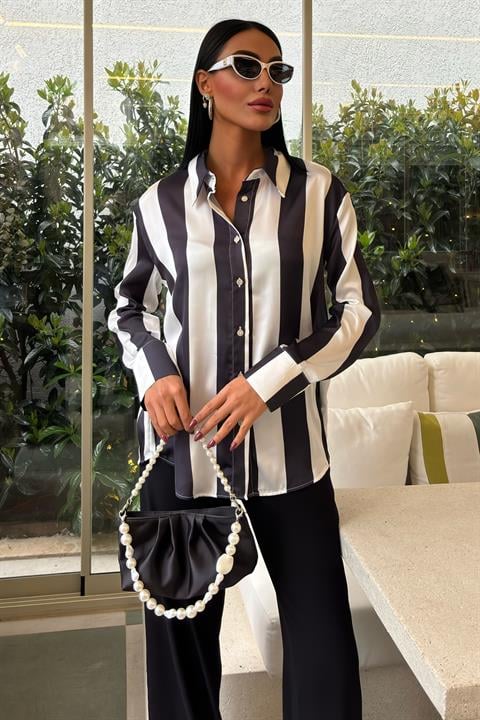 Bar Striped Chiffon Satin Shirt 3428