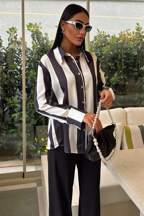 Bar Striped Chiffon Satin Shirt 3428