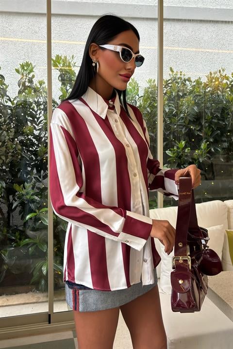 Bar Striped Chiffon Satin Shirt 3428