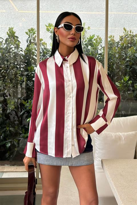 Bar Striped Chiffon Satin Shirt 3428