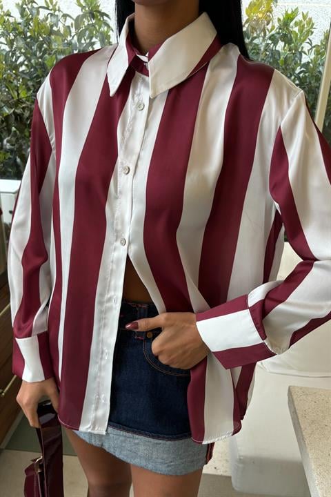 Bar Striped Chiffon Satin Shirt 3428