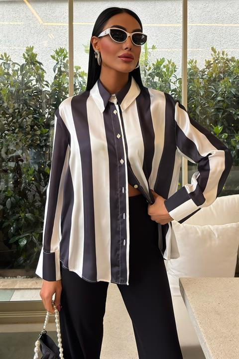 Bar Striped Chiffon Satin Shirt 3428