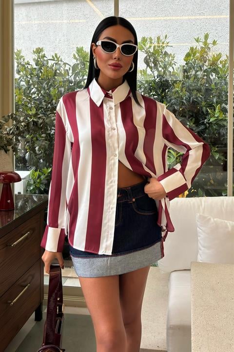 Bar Striped Chiffon Satin Shirt 3428