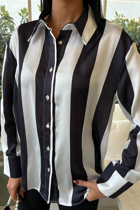 Bar Striped Chiffon Satin Shirt 3428