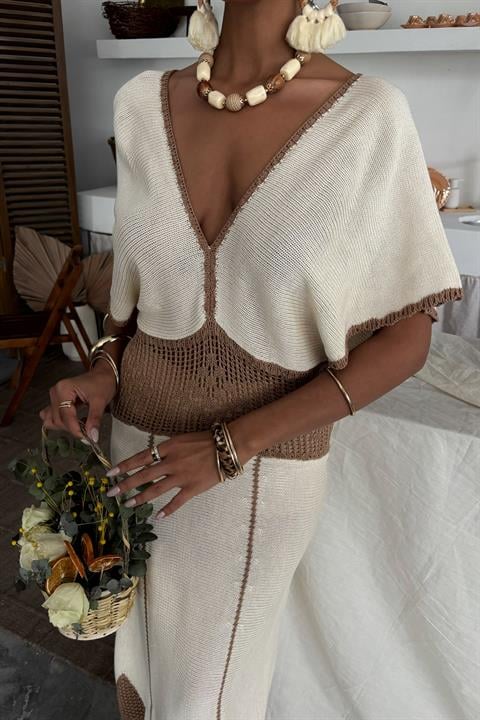 Lace Patterned V Neck Knit Dress 2844