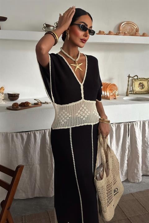 Lace Patterned V Neck Knit Dress 2844