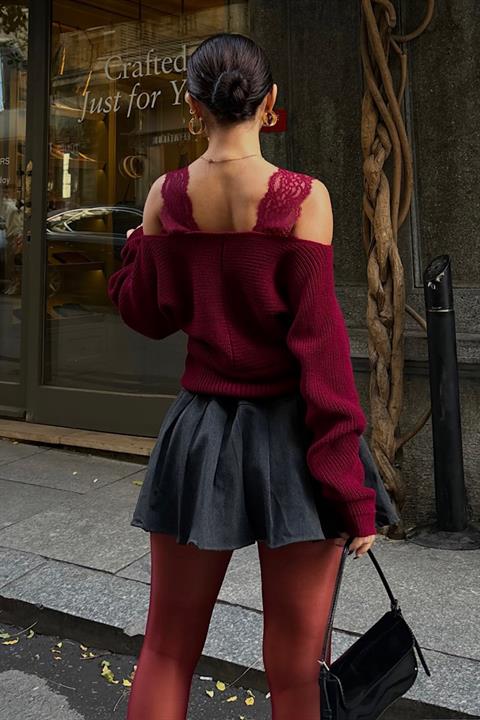 Lace Detailed Double Breasted Knitwear Sweater 1360