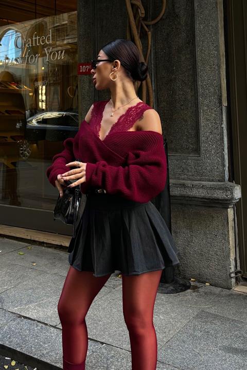 Lace Detailed Double Breasted Knitwear Sweater 1360