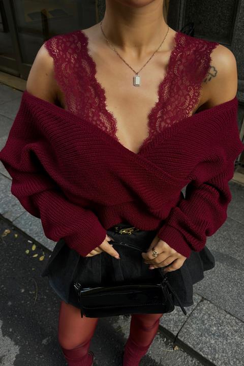 Lace Detailed Double Breasted Knitwear Sweater 1360