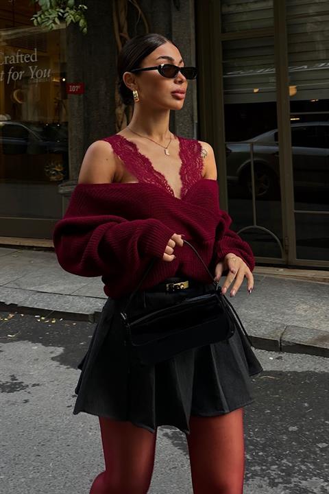 Lace Detailed Double Breasted Knitwear Sweater 1360