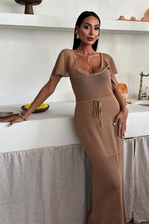 Deep Neck and Mesh Detailed Knit Dress 2867