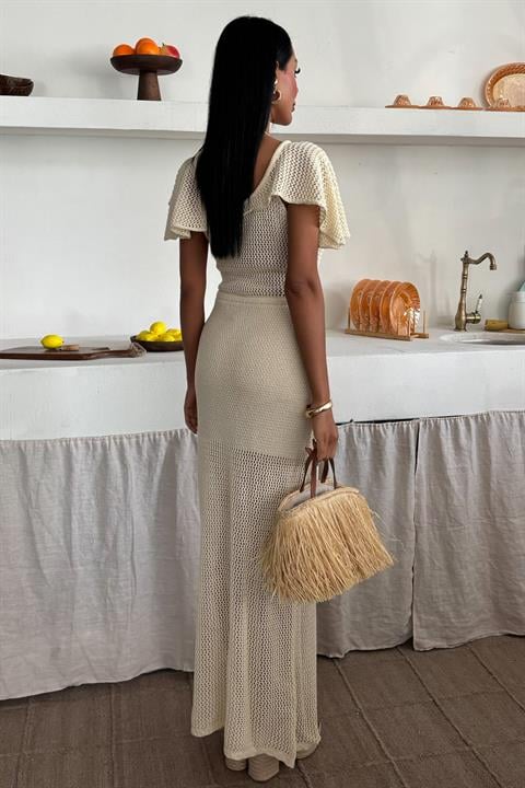 Deep Neck and Mesh Detailed Knit Dress 2867