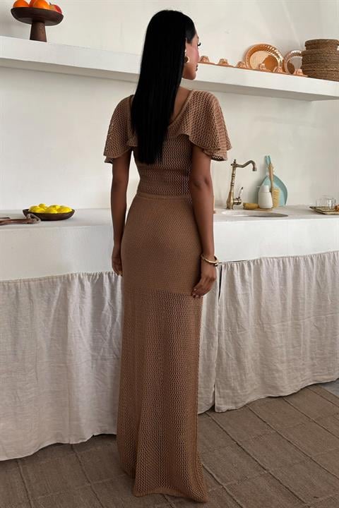 Deep Neck and Mesh Detailed Knit Dress 2867
