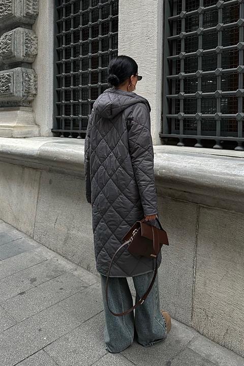 Zipper and Hooded Long Quilted Coat 7062
