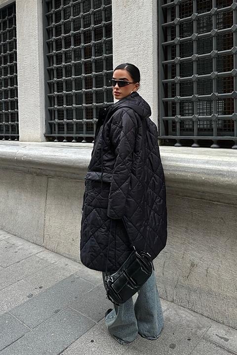 Zipper and Hooded Long Quilted Coat 7062