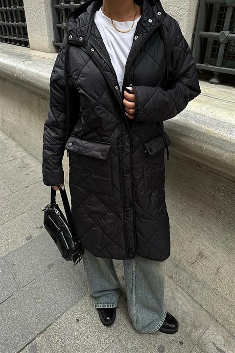 Zipper and Hooded Long Quilted Coat 7062