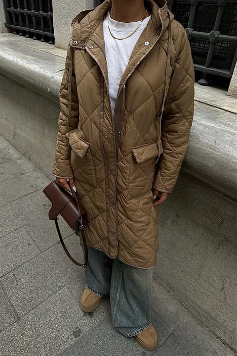 Zipper and Hooded Long Quilted Coat 7062