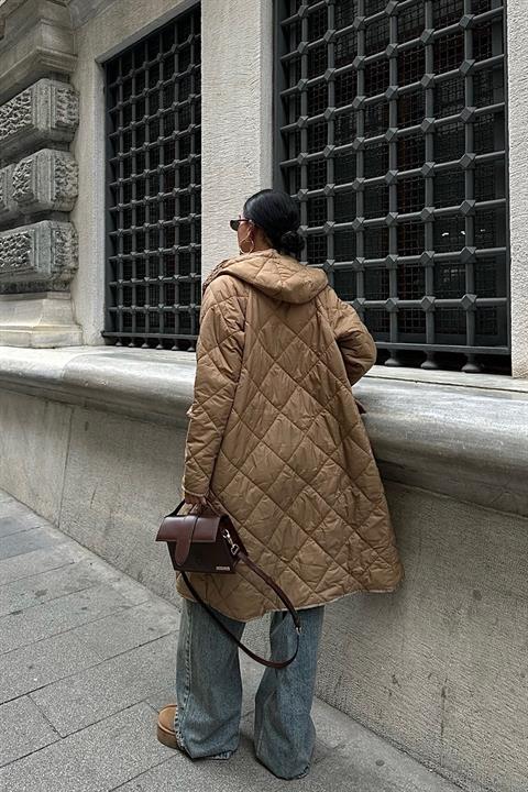 Zipper and Hooded Long Quilted Coat 7062