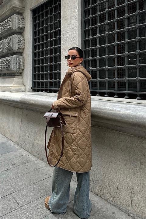 Zipper and Hooded Long Quilted Coat 7062