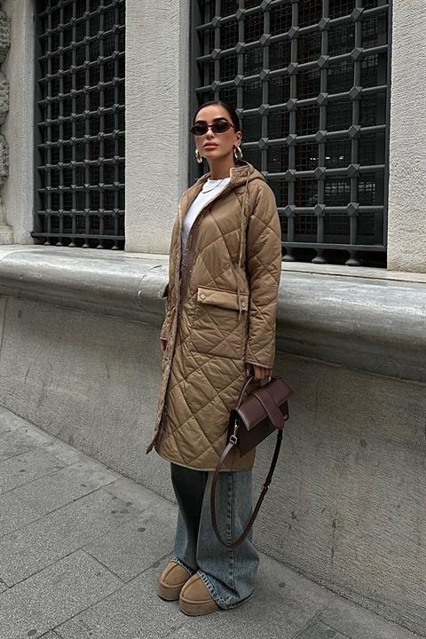 Zipper and Hooded Long Quilted Coat 7062