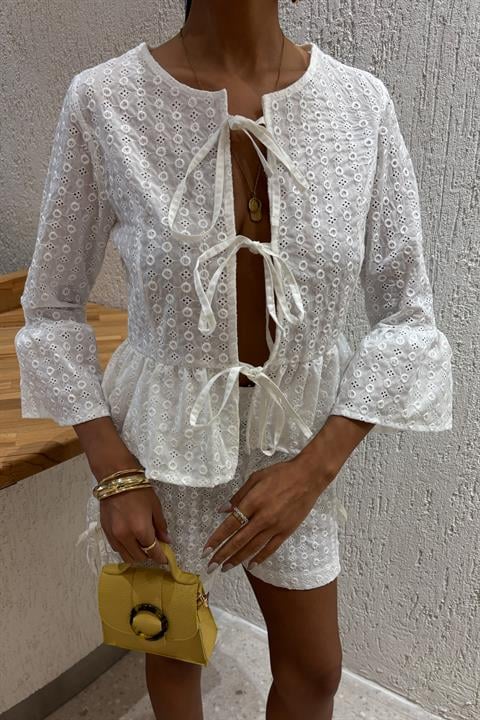 Bow Detailed Brode Two Piece Suit 10153