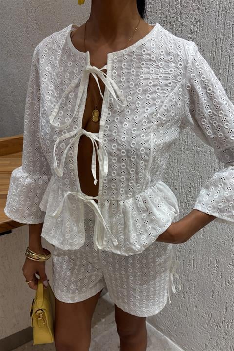 Bow Detailed Brode Two Piece Suit 10153