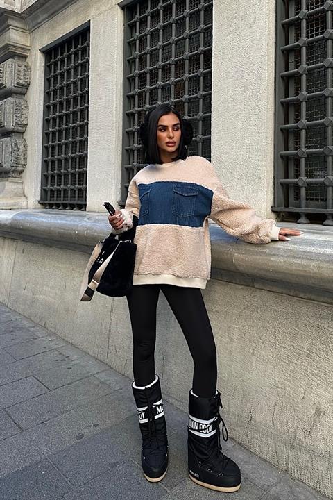 Chest Denim Garnished Sweatshirt 3402