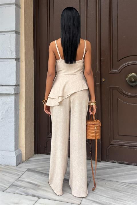 Chest Window Ruffle Detail Flamed Linen Suit 10161