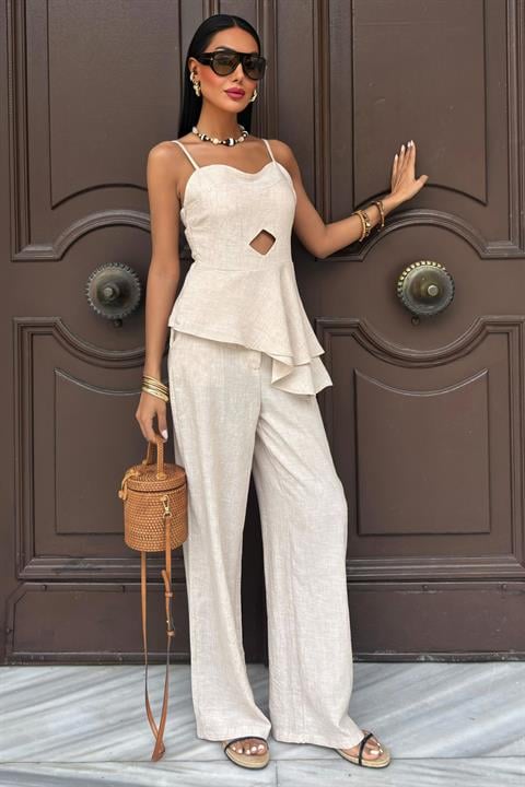 Chest Window Ruffle Detail Flamed Linen Suit 10161