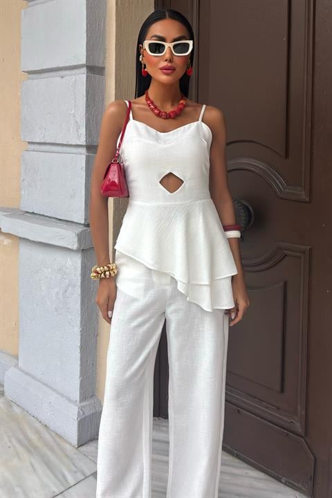Chest Window Ruffle Detail Flamed Linen Suit 10161
