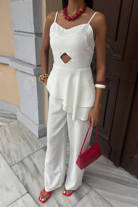 Chest Window Ruffle Detail Flamed Linen Suit 10161