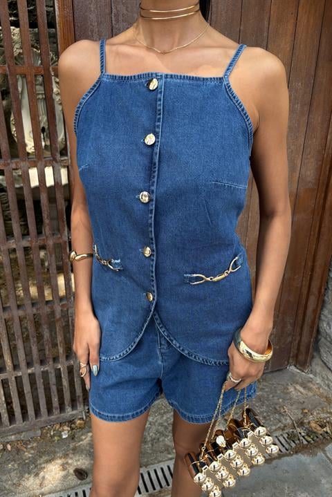 Gold Accessory and Buttoned Shorts Set 10173