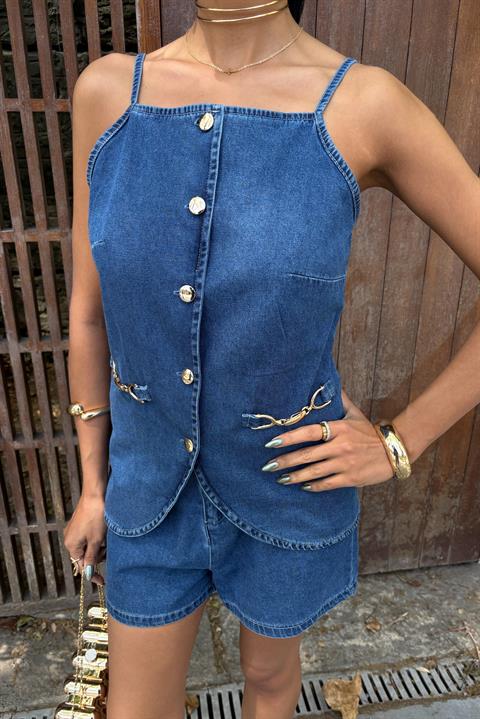 Gold Accessory and Buttoned Shorts Set 10173