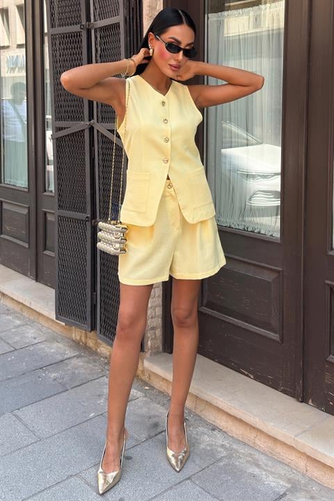 Gold Button Detailed Vest Shorts Cotton Set 10208