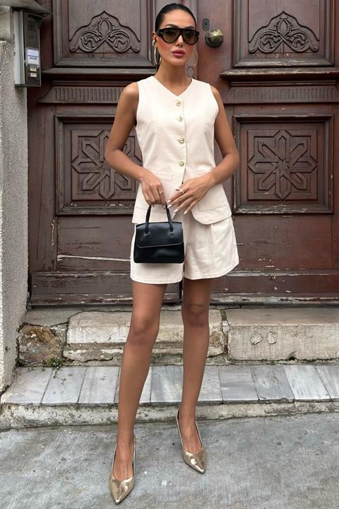Gold Button Detailed Vest Shorts Cotton Set 10134-17