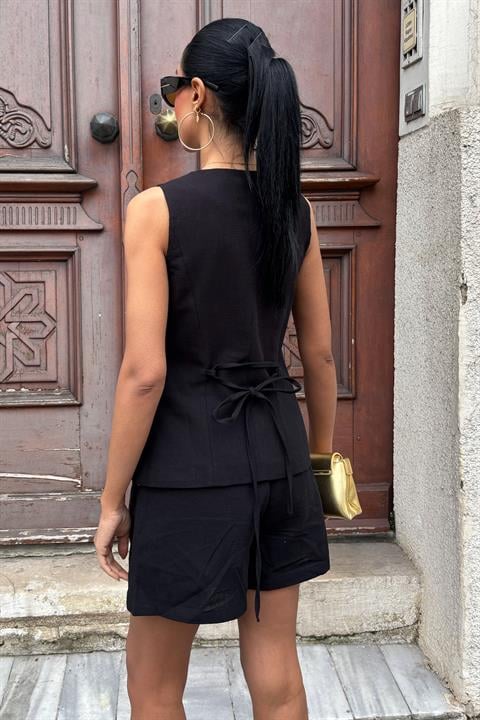 Gold Button Detailed Vest Shorts Cotton Set 10134-17