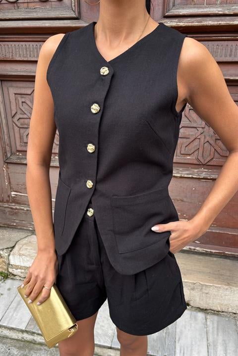 Gold Button Detailed Vest Shorts Cotton Set 10134-17