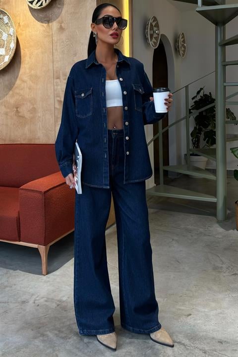 Shirt and Palazzo Trousers Classic Denim Set 10070