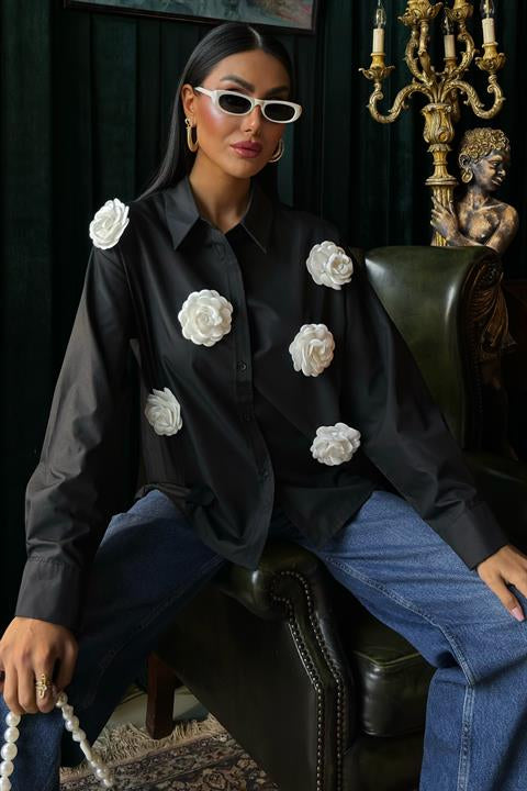 Poplin Shirt with Rose Accessory 3442