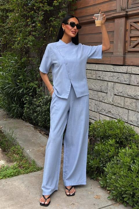 Magnificent Collar Cross Buttoned Plazzo Trousers Viscon Linen Suit 10091