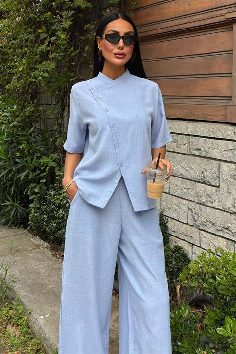 Magnificent Collar Cross Buttoned Plazzo Trousers Viscon Linen Suit 10091