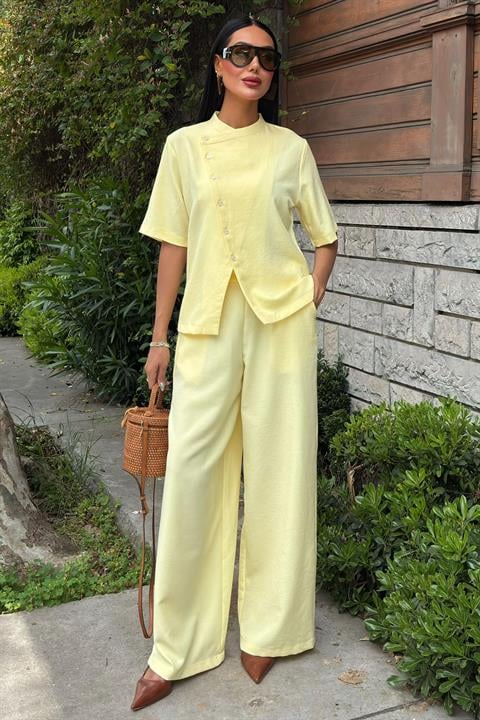 Grandad Collar Cross Button Plazzo Trousers Viscose Linen Suit 10209