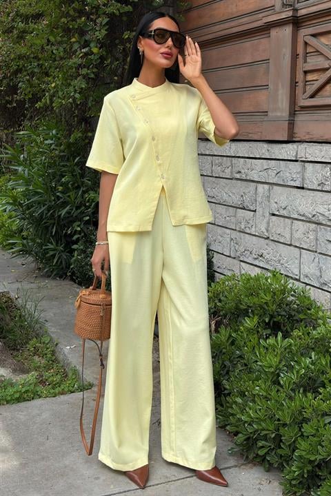 Grandad Collar Cross Button Plazzo Trousers Viscose Linen Suit 10209