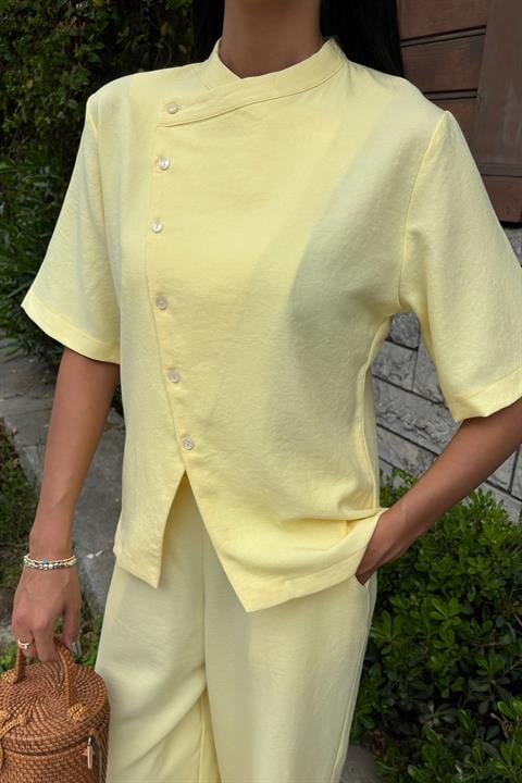 Grandad Collar Cross Button Plazzo Trousers Viscose Linen Suit 10209