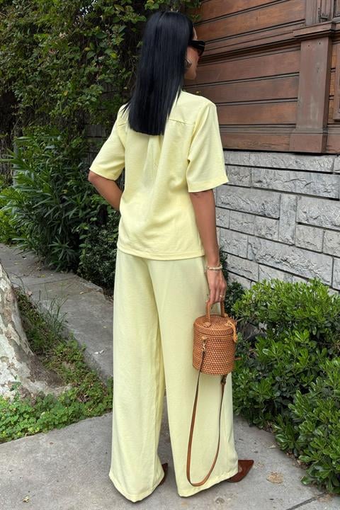 Grandad Collar Cross Button Plazzo Trousers Viscose Linen Suit 10209