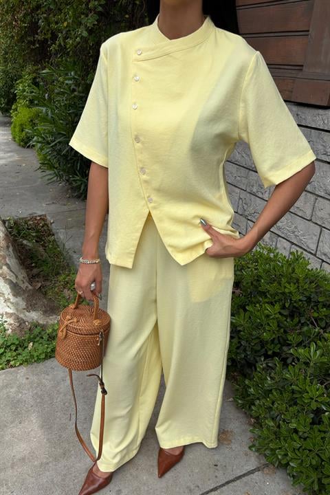 Grandad Collar Cross Button Plazzo Trousers Viscose Linen Suit 10209