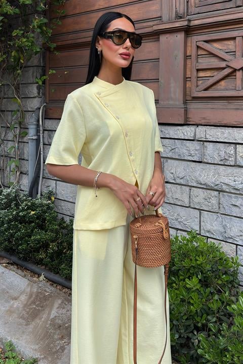 Grandad Collar Cross Button Plazzo Trousers Viscose Linen Suit 10209