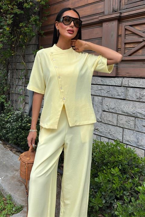 Grandad Collar Cross Button Plazzo Trousers Viscose Linen Suit 10209