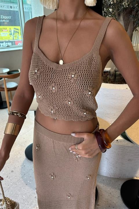 Pearl and Flower Detailed Bustier Knitwear Suit 10100